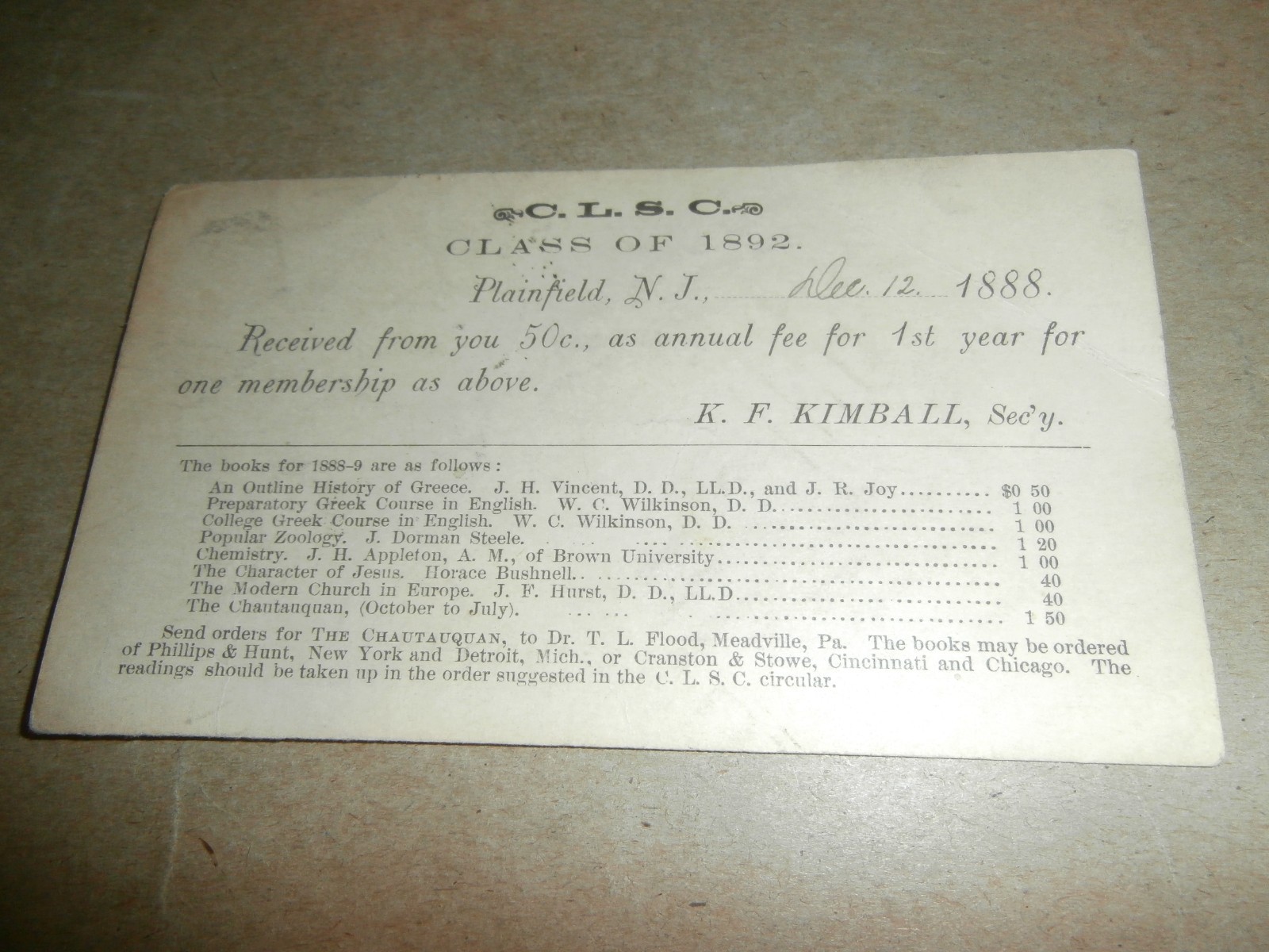 Class 1892 Plainfield NJ 1888 C L S C  Postcard Clara Griffith Auburn NE