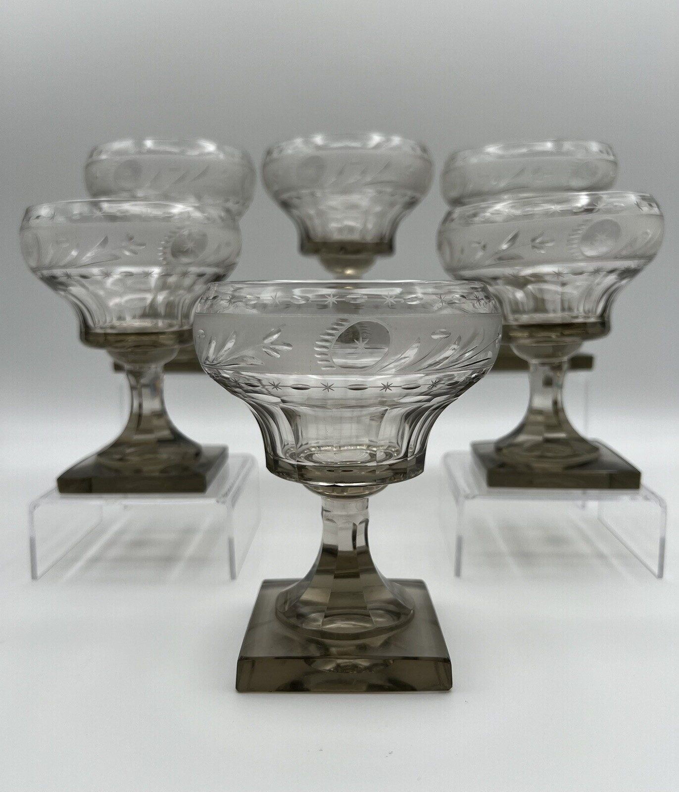 Antique Orrefors Crystal Etched 6oz Rummer Wine Glass Smoky Grey Set of 6