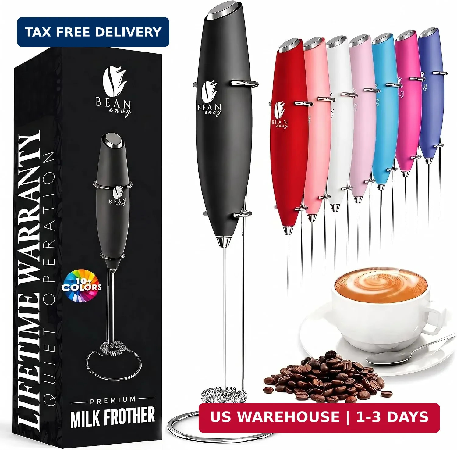 Bean Envy Milk Frother Handheld - Coffee Mixer Wand with Stand - Black