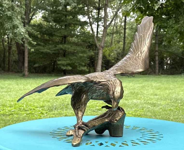 VTG Huge Brass Eagle on Branch  Sculpture Signed EJT 50th 1986, 17” Wing Span