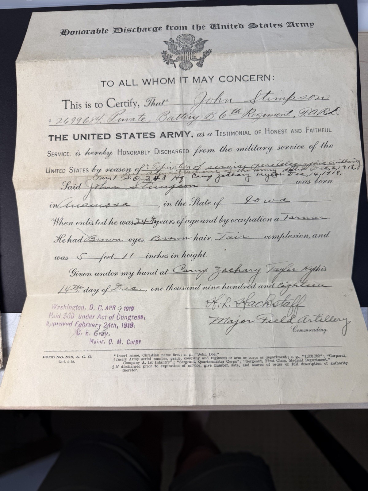 1918 Honorable Discharge Paper John Stimpson Battery B. 6th Regiment TARD