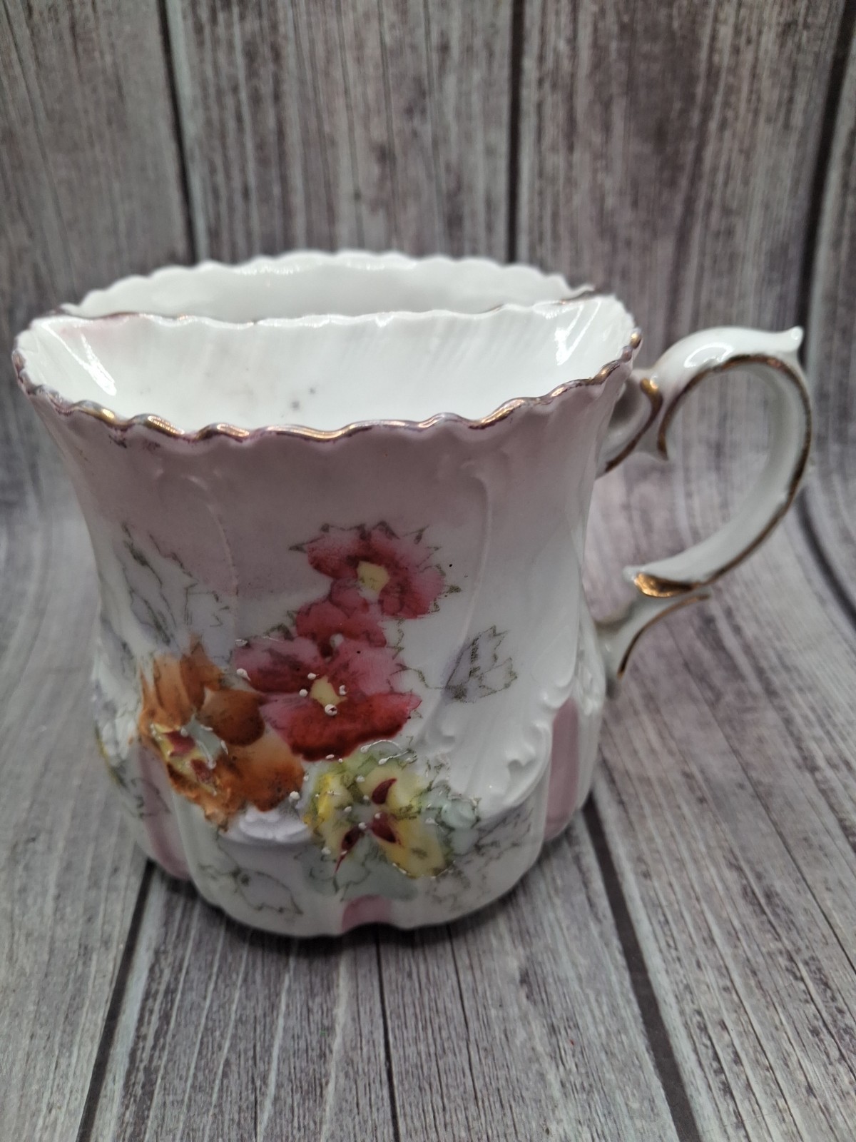 Antique Victorian Porcelain Mustache Mug Floral Shaving Mug Barber Cup Vintage