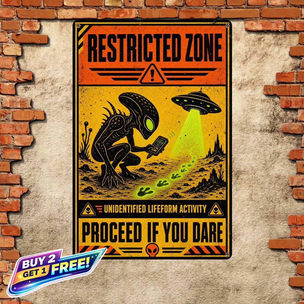 Alien Sighted Warning Sign Retro UFO Theme Metal Tin Wall Art Plaque 8x12