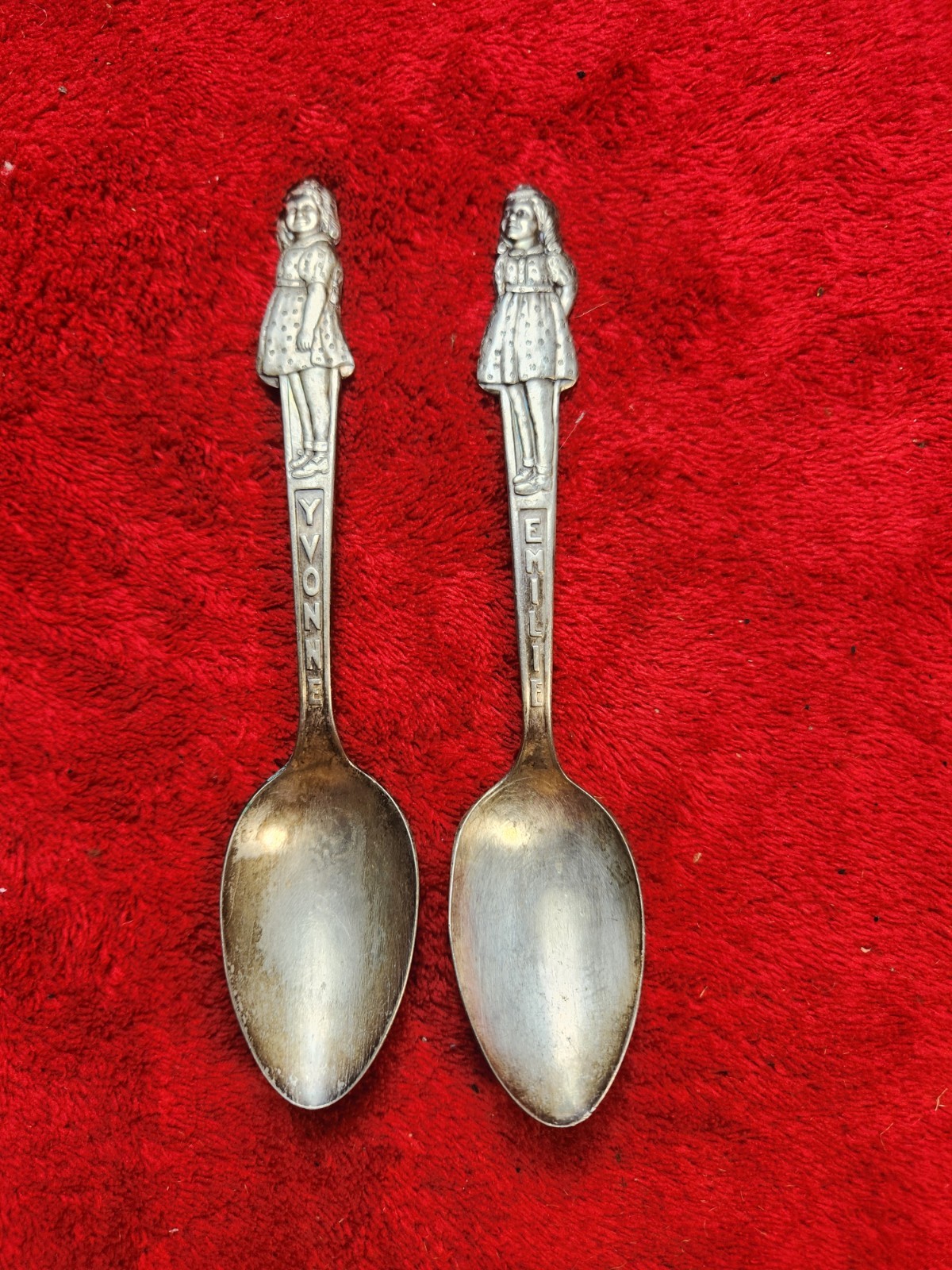 2 Vintage 1930s Carlton Silver Plate Dionne Quintuplet  Spoons - Emilie & Yvonne