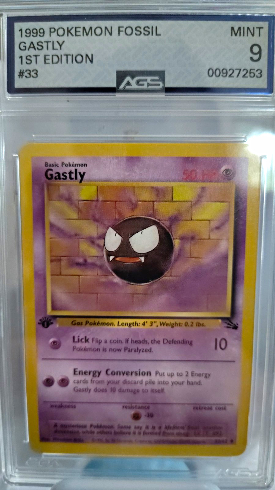Pokémon 1999 Fossil Gastly 1st Edition #33 AGS Mint 9 English Arita