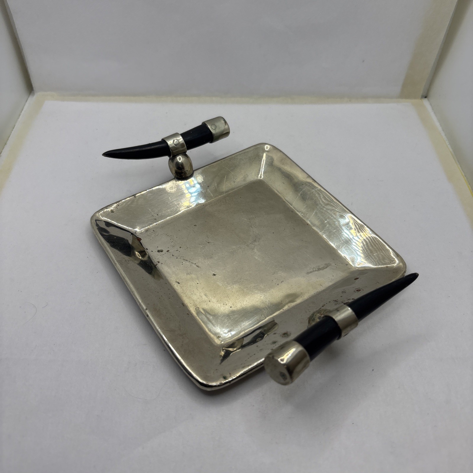 Vintage 20th century Argentine Alpaca Silver  Catchall Tray Natural Horn Handles