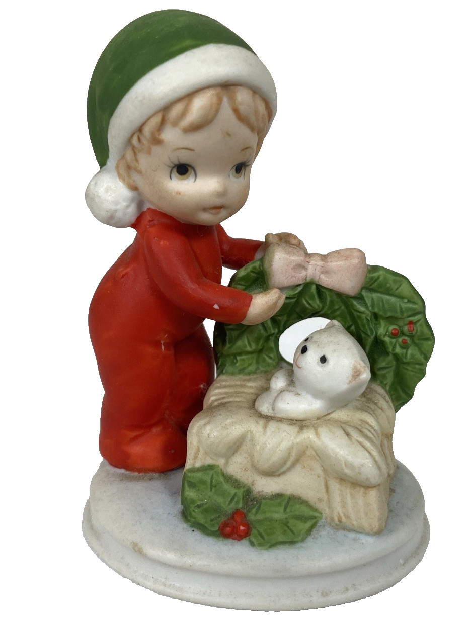Vintage Lefton China Hand Painted Boy Tucks In Bear Christmas Figurine MCM 2.5\
