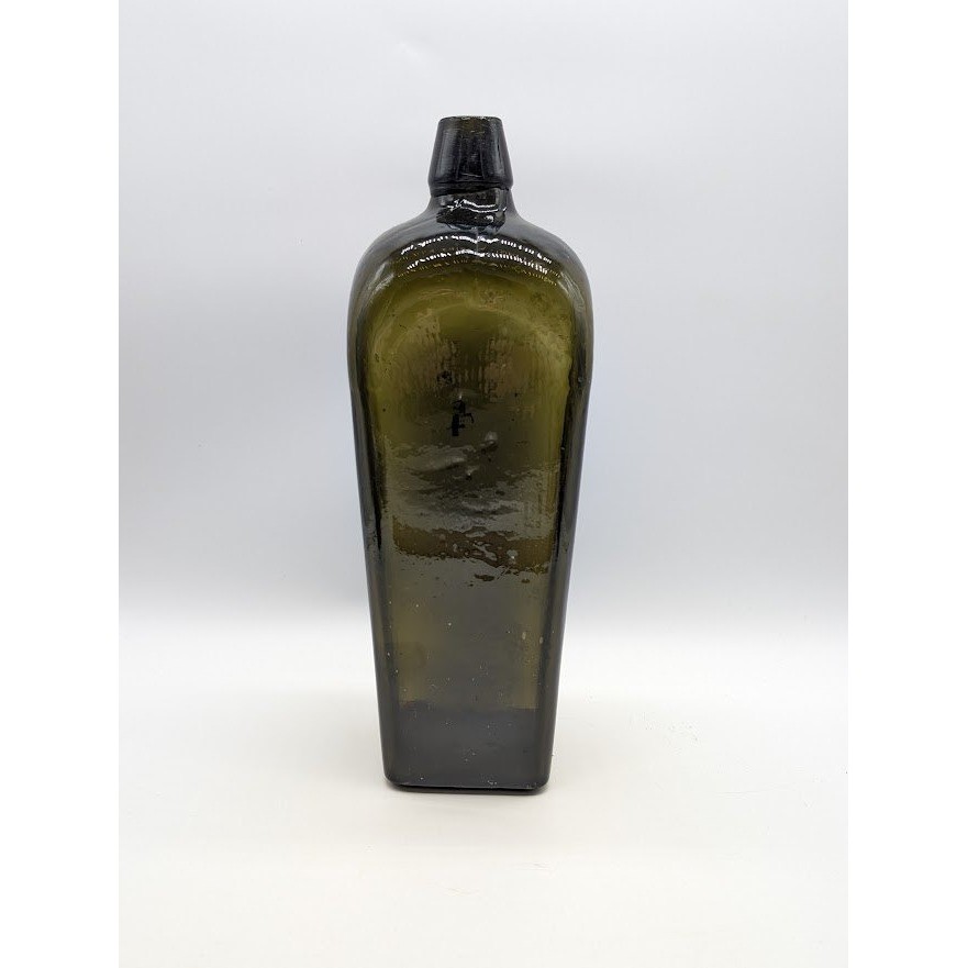 Antique 1800s Dutch Case Gin Glass Bottle Applied Top Taper Square Whittle Olive