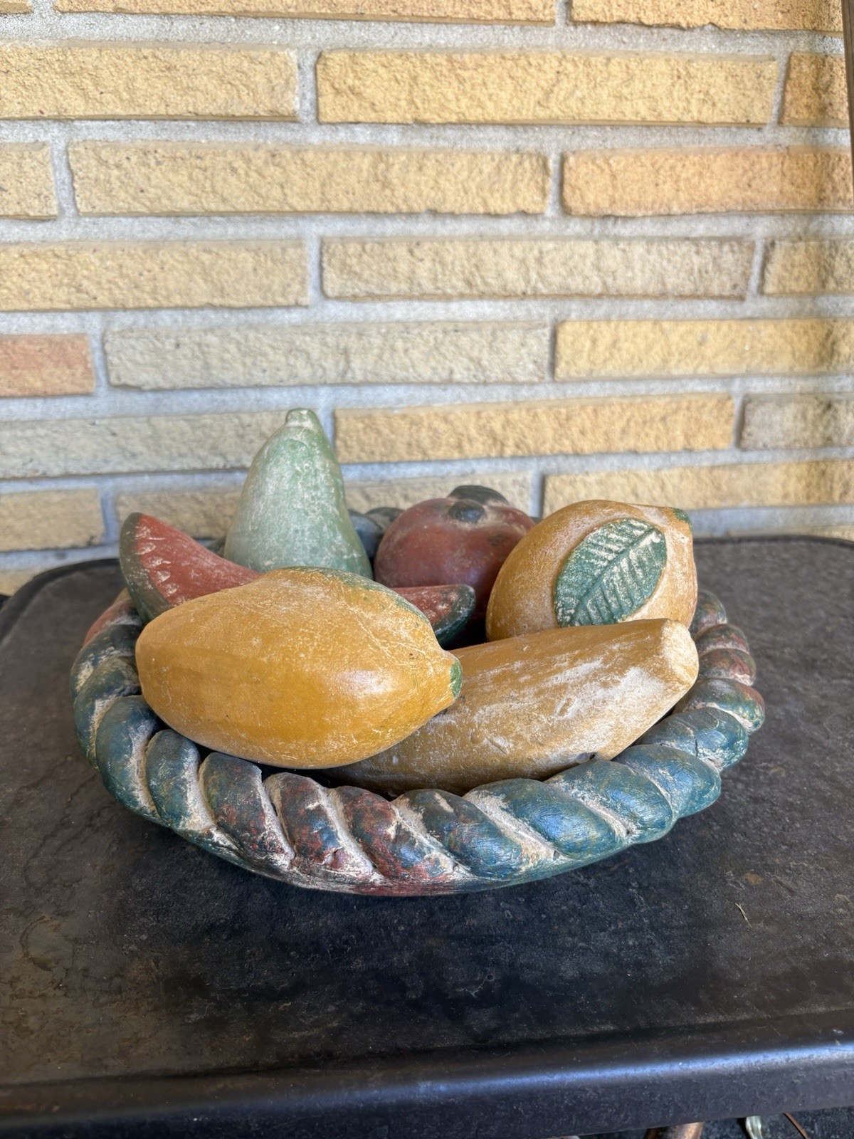 Vintage Terra-Cotta Mexican Clay Pottery Braided 13” Bowl 6 Pieces of Fruit