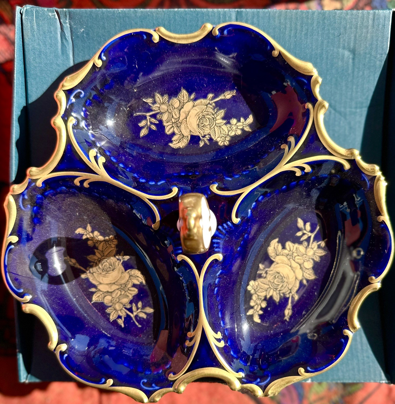 Blue Vintage Three-Section Porcelain Serving Dish with Flowers And Gold Trim