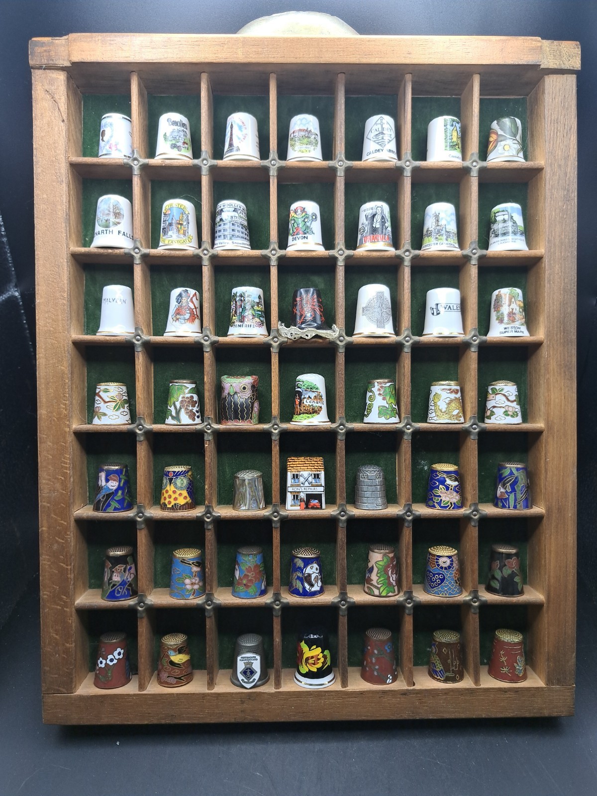 49 Vintage Thimbles Collection + Oak Display Case Bone China,Cloisonné,Souvenirs