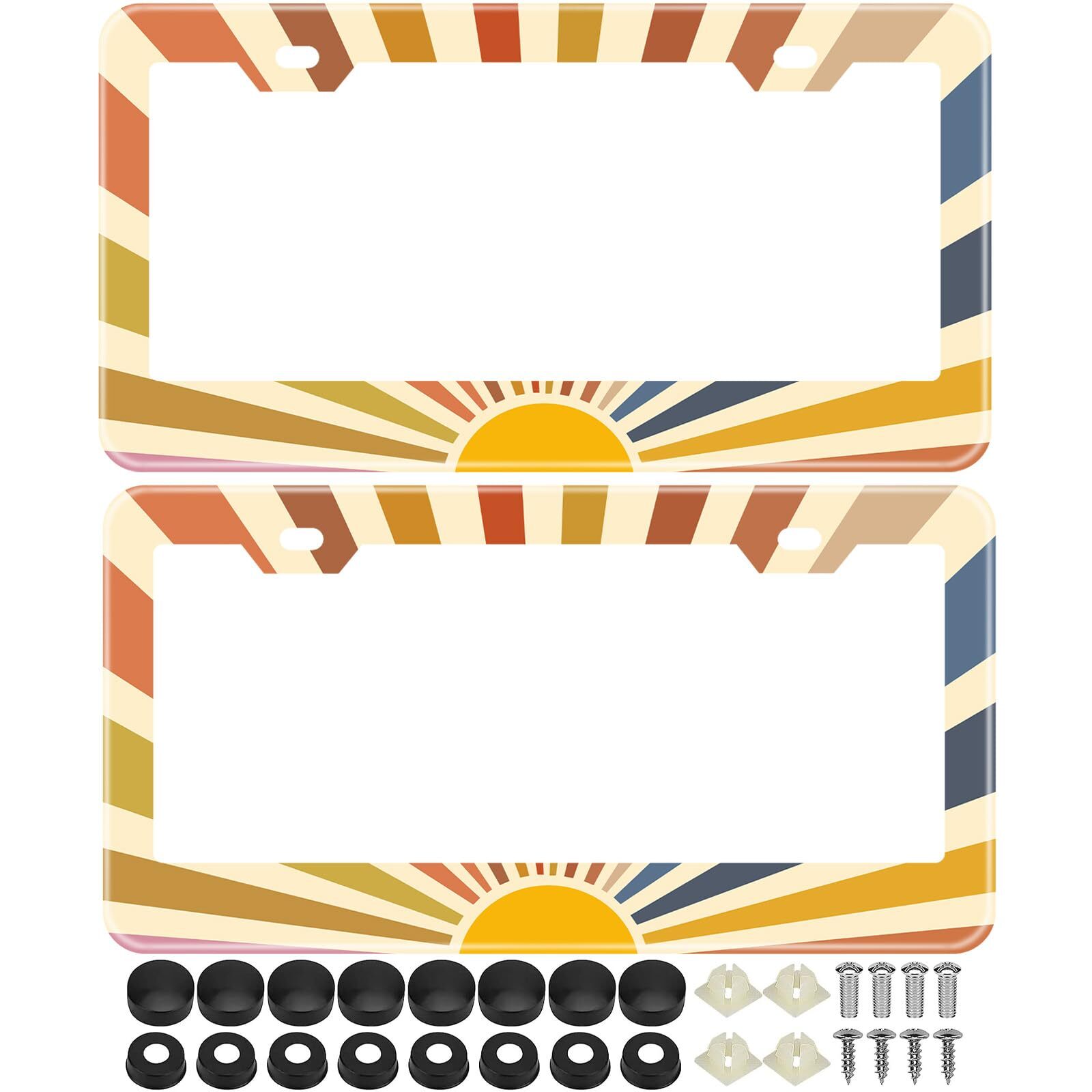 2Pcs Rainbow Groovy Retro Hippie Sun License Plate Frames Cover Holders Stain...