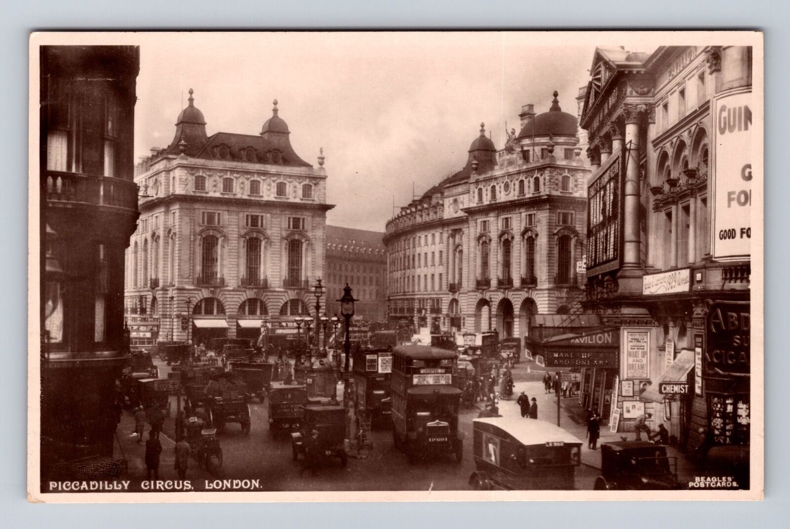 London- England, Piccadilly Circus, Antique, Vintage Souvenir Postcard