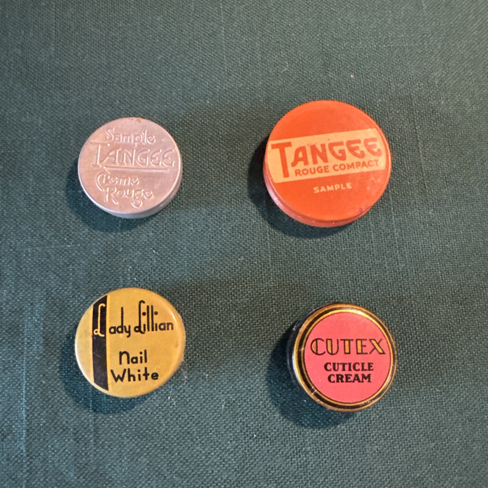 Vintage 1930s Vanity Sample Tin Lot Tangee Rouge Cutex Cuticle Cream Lady Lillia