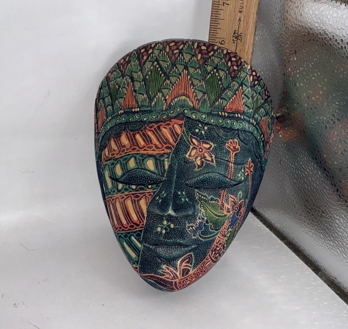 Hand Carved Hand Painted Batik Wood Mask 7.5” X 8.5”