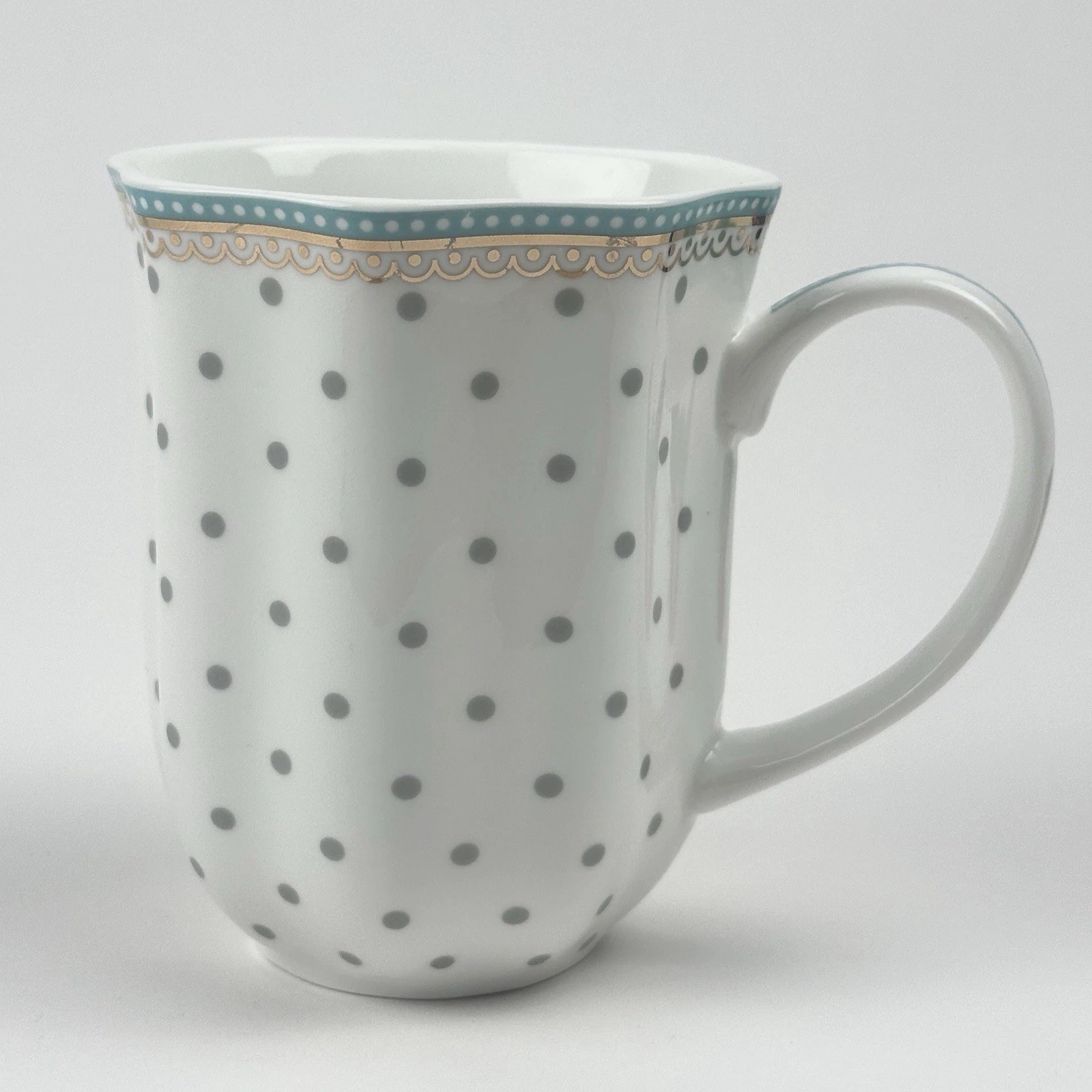 Grace’s Teaware Josephine Aqua Polka Dot 11 oz Cup Scallop Rim Gold Trim Coffee