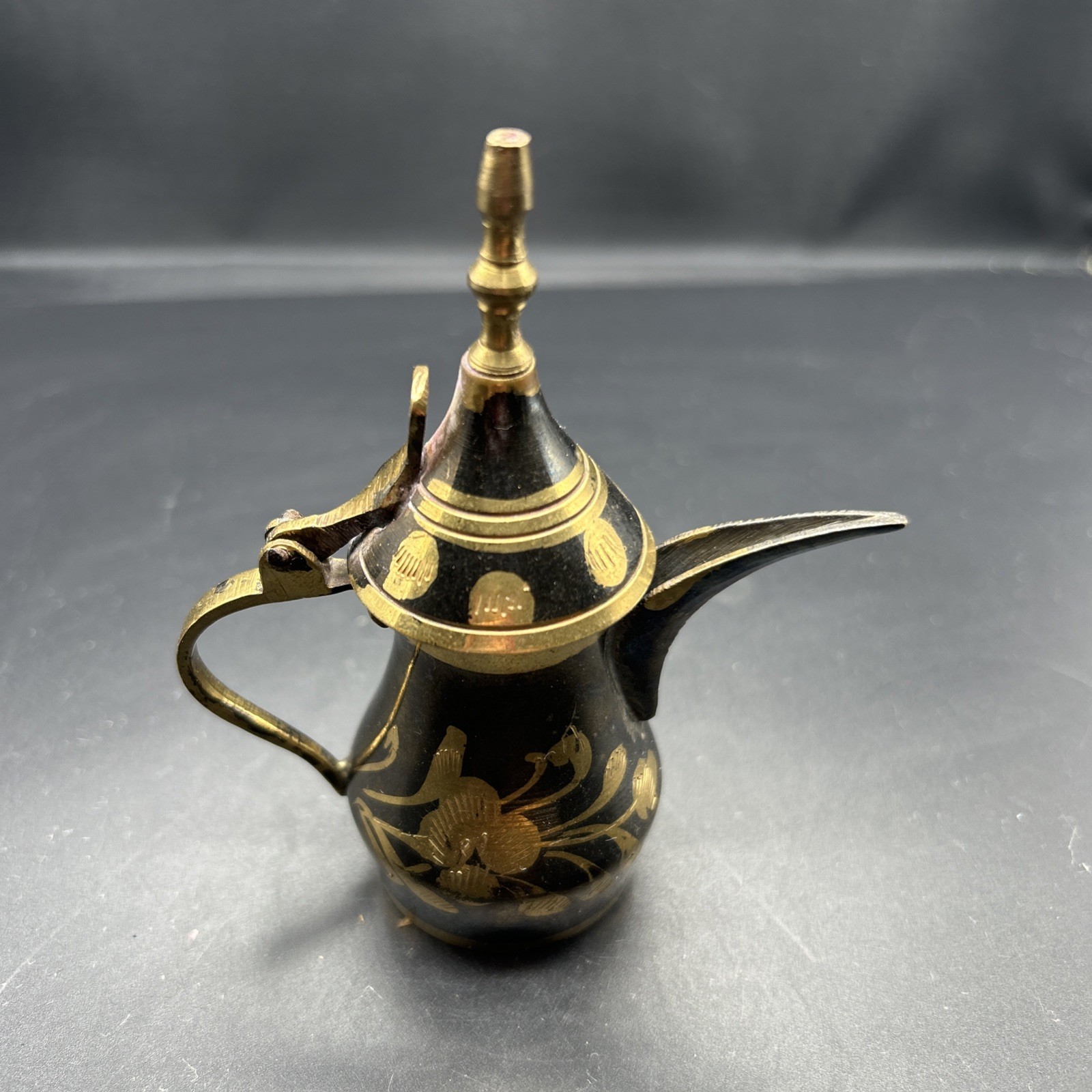 Vintage/Antique 4” Brass Arabic Dallah Miniature Coffee tea Pot, Floral design