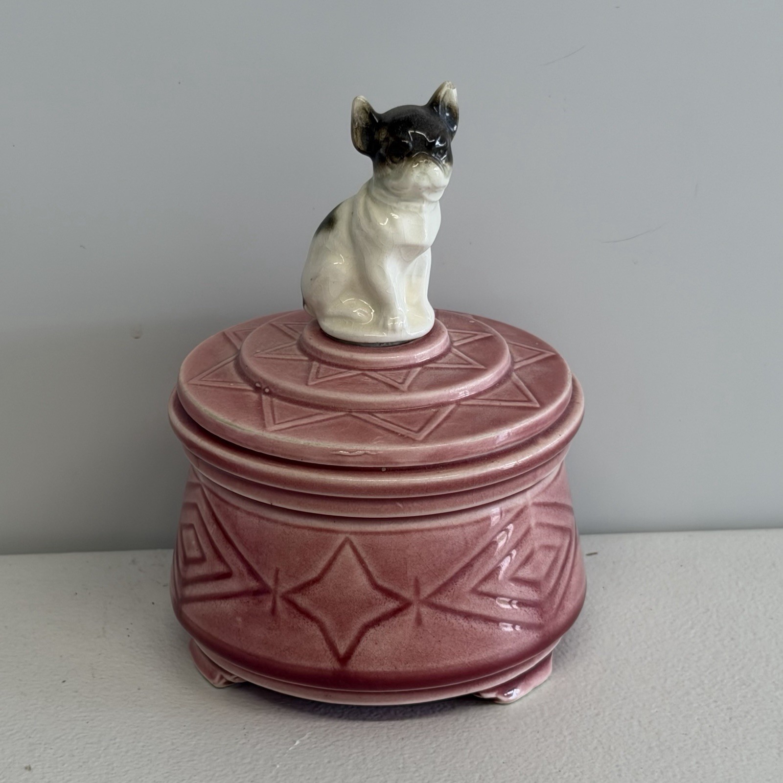 Vintage Ramses Germany 1583 Art Deco Pink Dog Lidded Trinket Powder Box 1920s