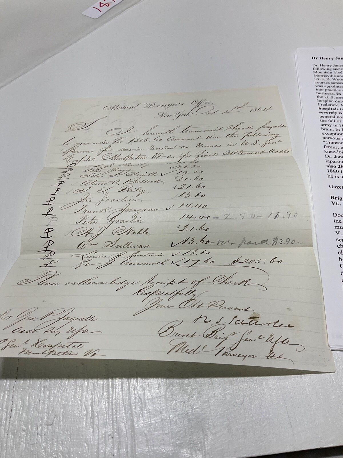 CIVIL WAR NURSES PAYLIST MONTPELIER VT ARMY HOSPITAL SGN GEN RS SATTERLEE 1879