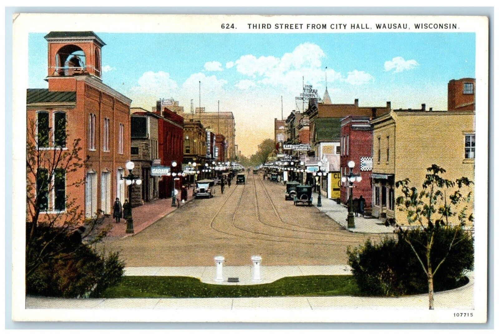 c1920 Third Street City Hall Classic Cars Wausau Wisconsin WI Unposted Postcard