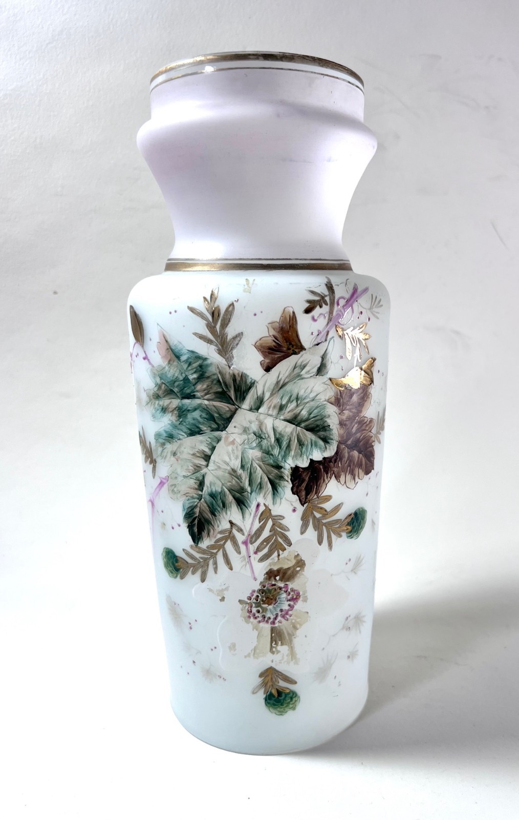 Bristol Vase Frosted Glass Hand Painted Flowars and Leaves 13\ Bristol Vase Frosted Glass Hand Painted Flowars and Leaves 13\