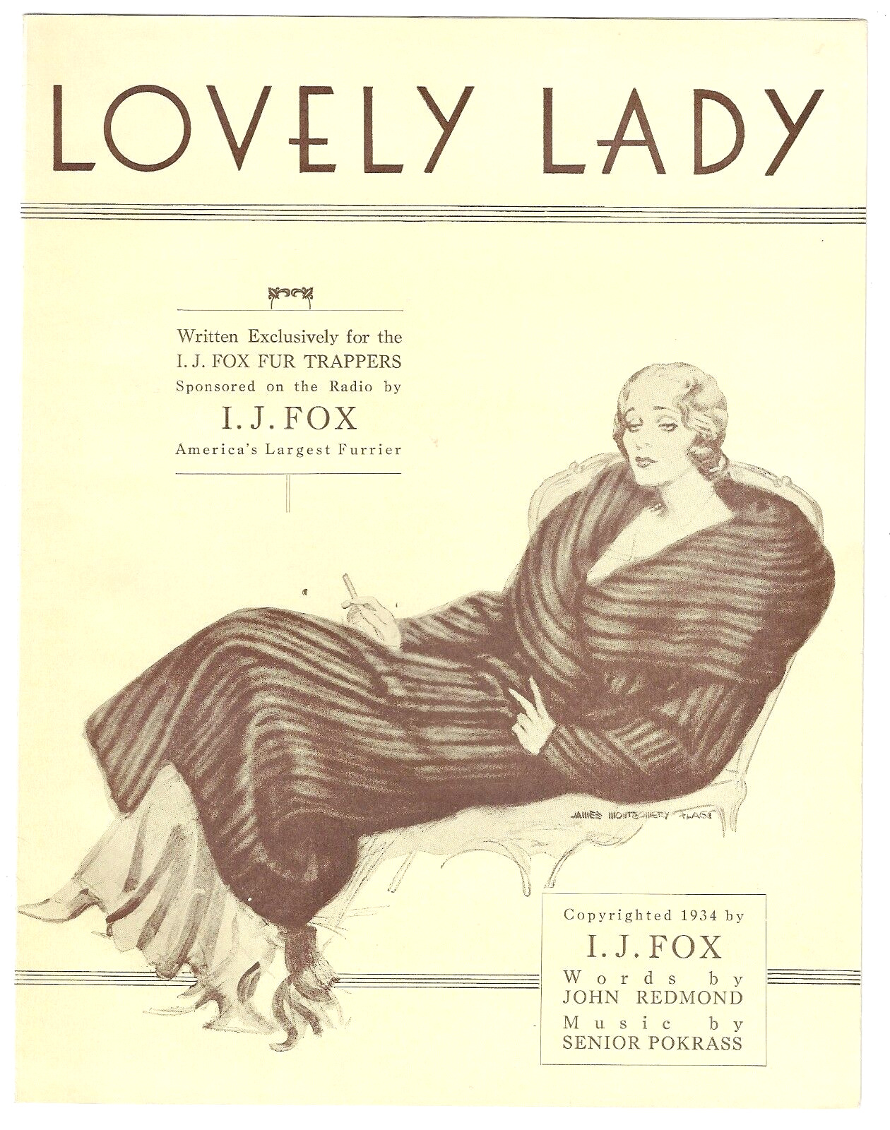 rare LOVELY LADY Sheet Music 1934  I.J. FOX FUR TRAPPERS MINK COAT Advertisement