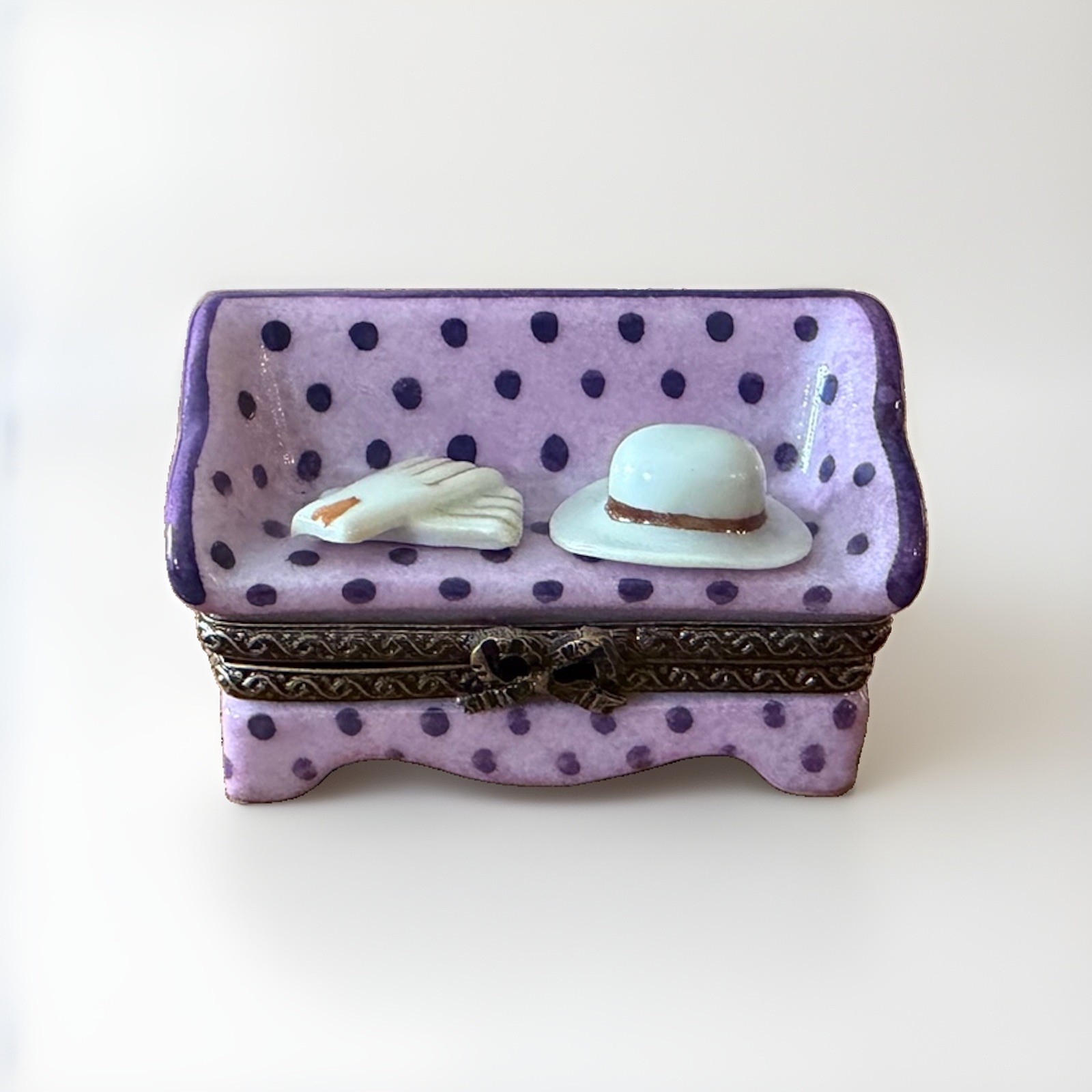 Peint Main Limoges France Polka Dot Purple Bench Trinket Box Mint