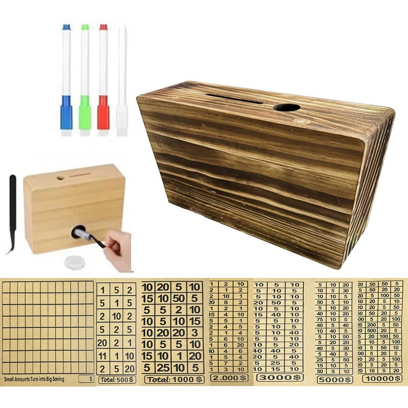Cash Vault Wooden Money Box Money Savings Challenge Box with Saving Targets Coin