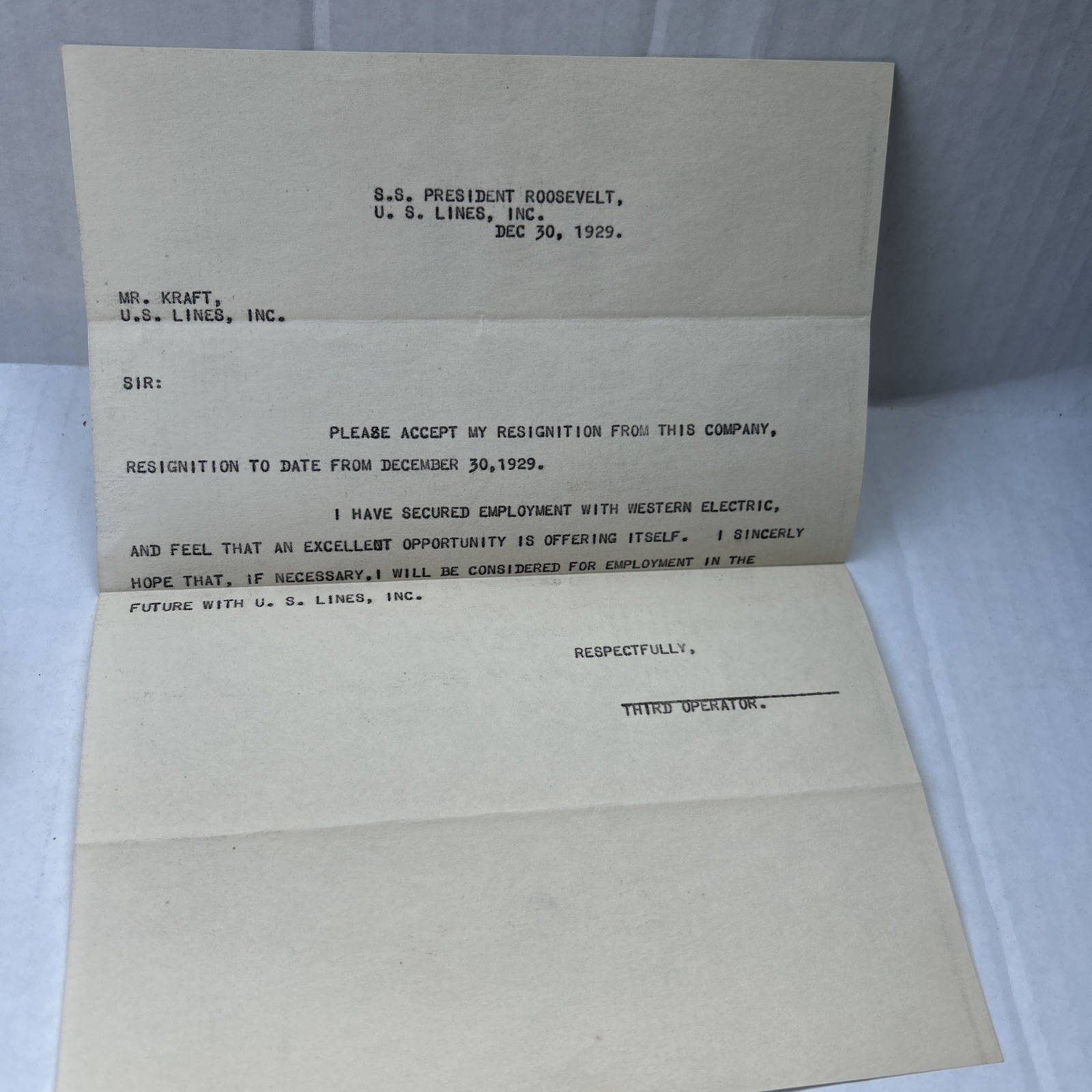 Resignation letter From Mr Kraft To S.S.President Roosevelt U.S Lines Inc 1929