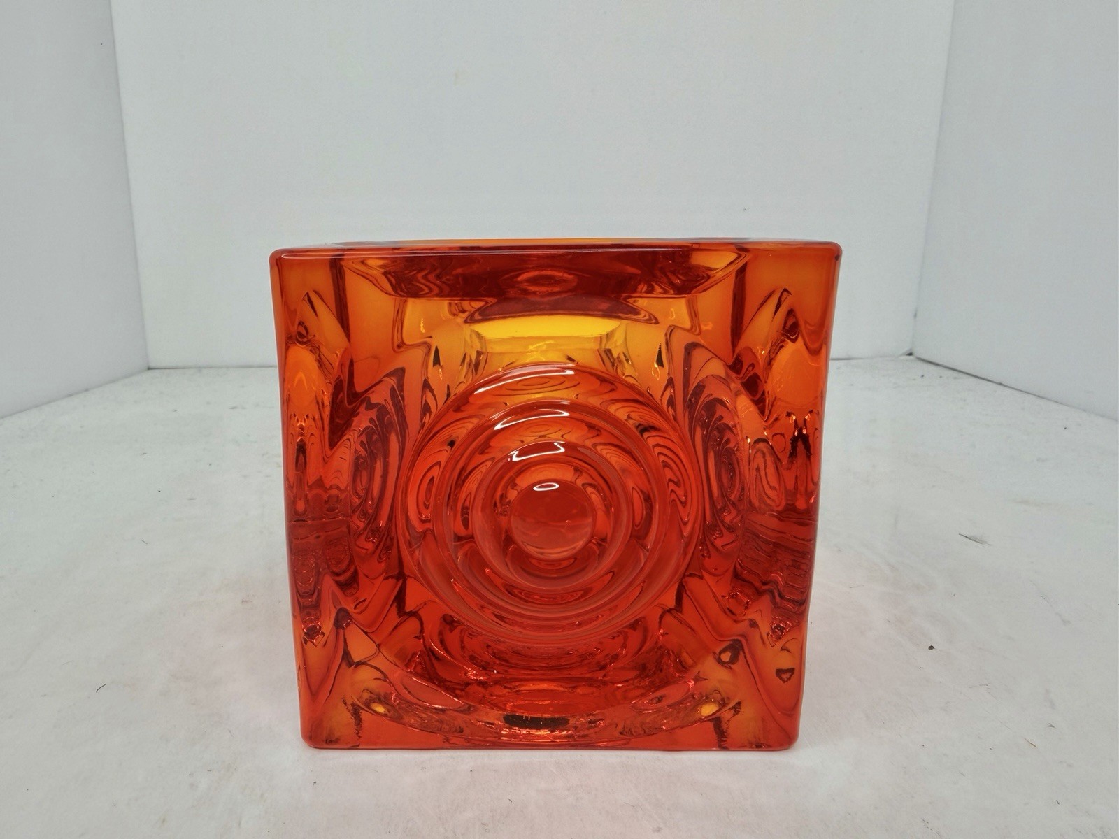 Vintage MCM VIKING Persimmon Glass Bullseye Cube Candleholder GLIMMER 3.5”