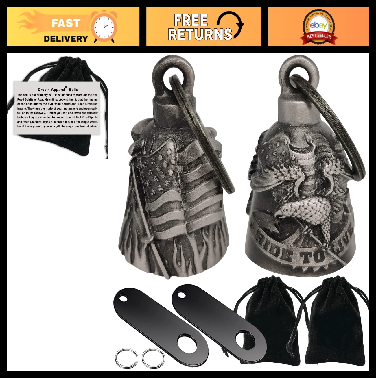 2 Pack Motorcycle Guardian Angel Bells for Bikers - Drive Away Gremlins, Hangers
