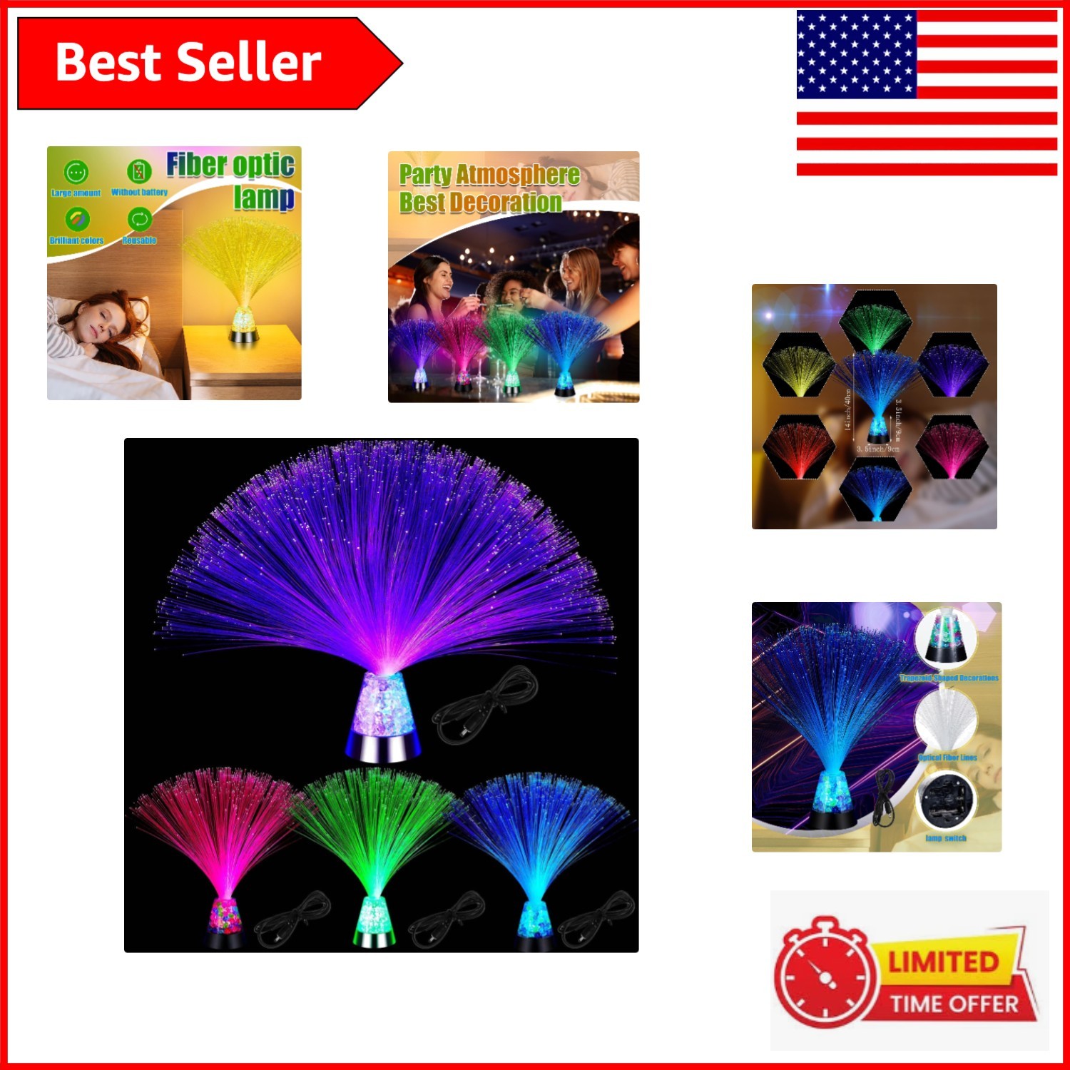 4-Pcs 14-Inch Color Changing Fiber Optic Lamps with Crystal Base - USB Powered