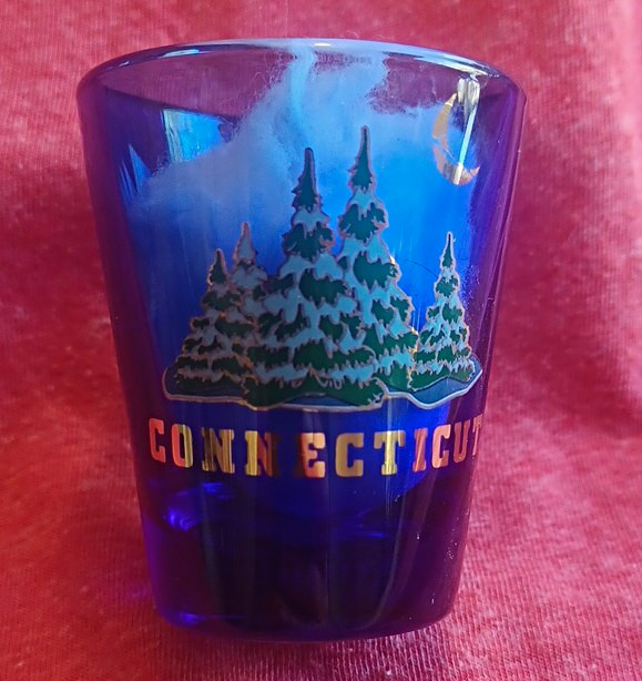 Cobalt Blue Connecticut Souvenir Shot Glass, Decorated Trees & Moon