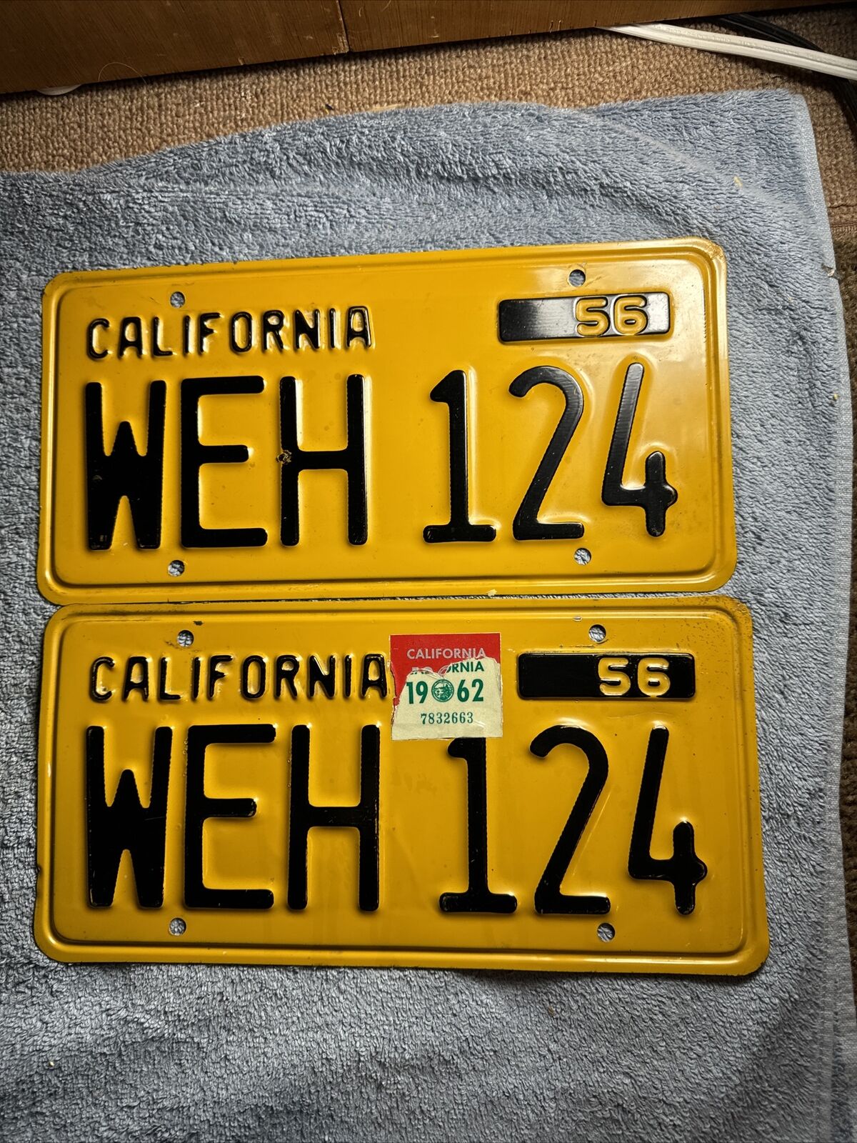 1956 1962 1957 California License Plate Pair WEH 124