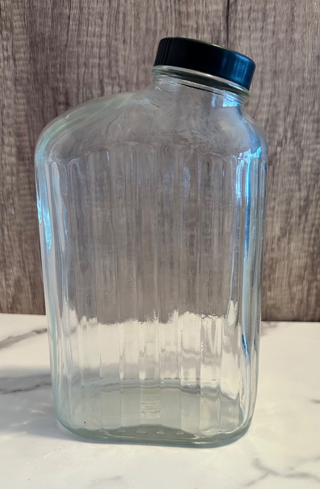 Vtg 50s Anchor Hocking 1 Quart Ribbed Glass Refrigerator Bottle Black Cap 32oz