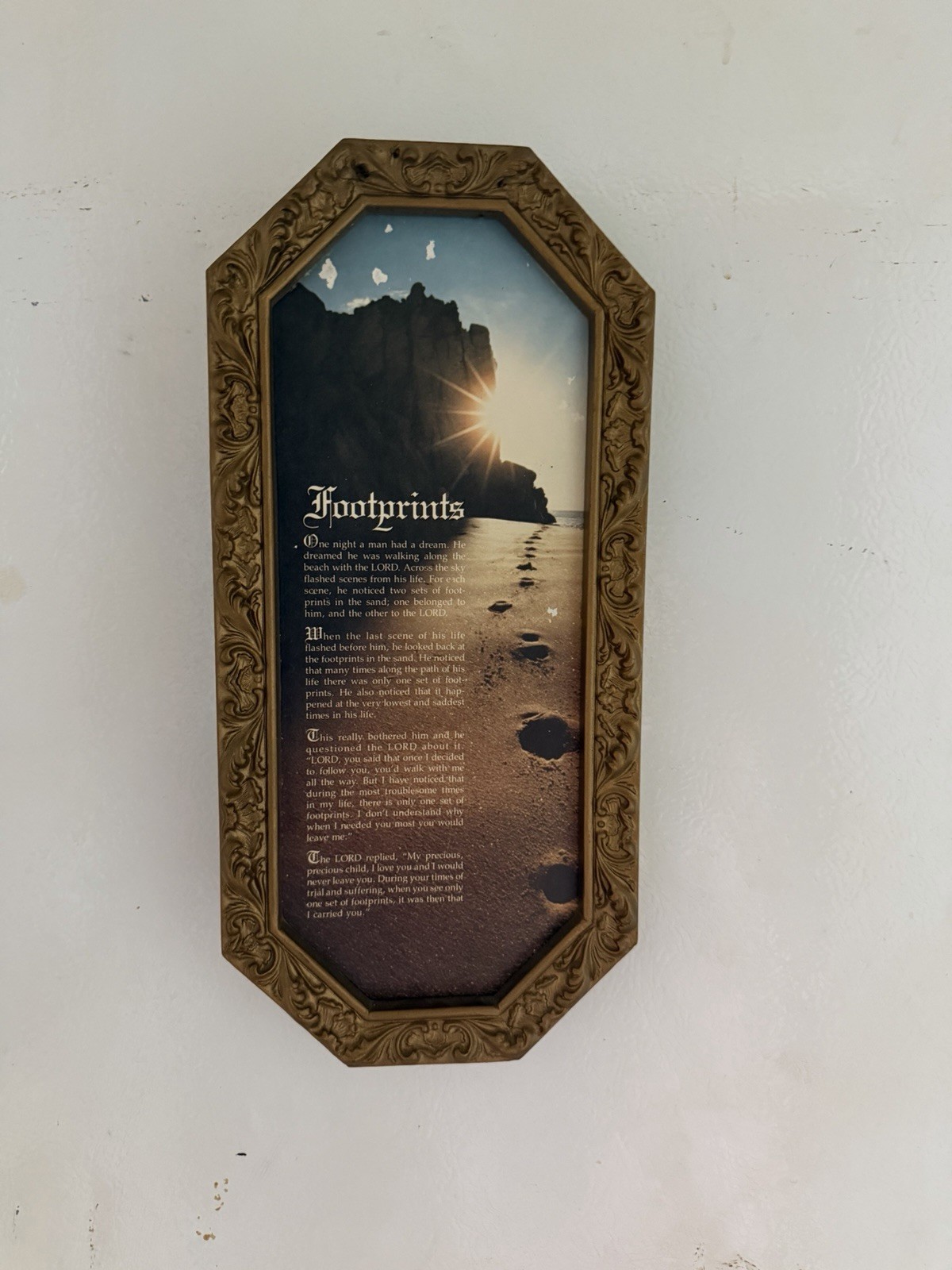 Vintage Footprints In The Sand Framed Wall Plaque Gold Ornate Religious Decor