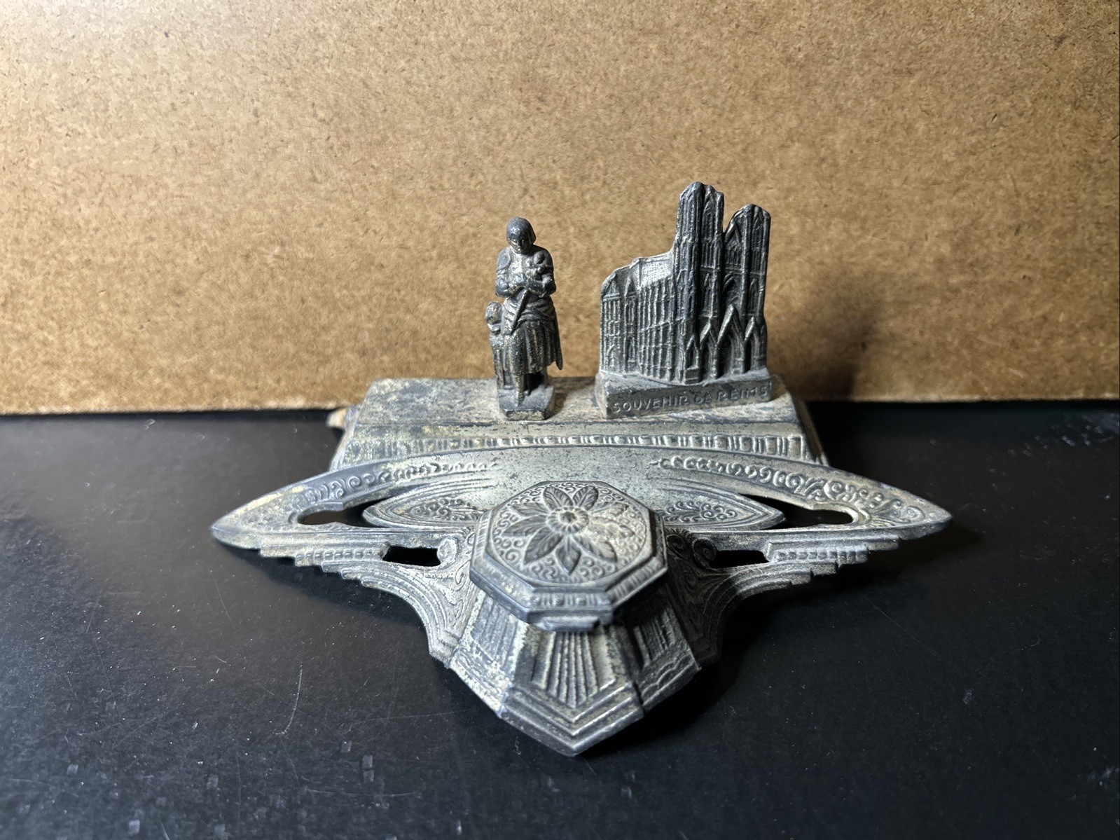 Antique Inkwell Depicting Notre Dame & Ste Joan. Made In France