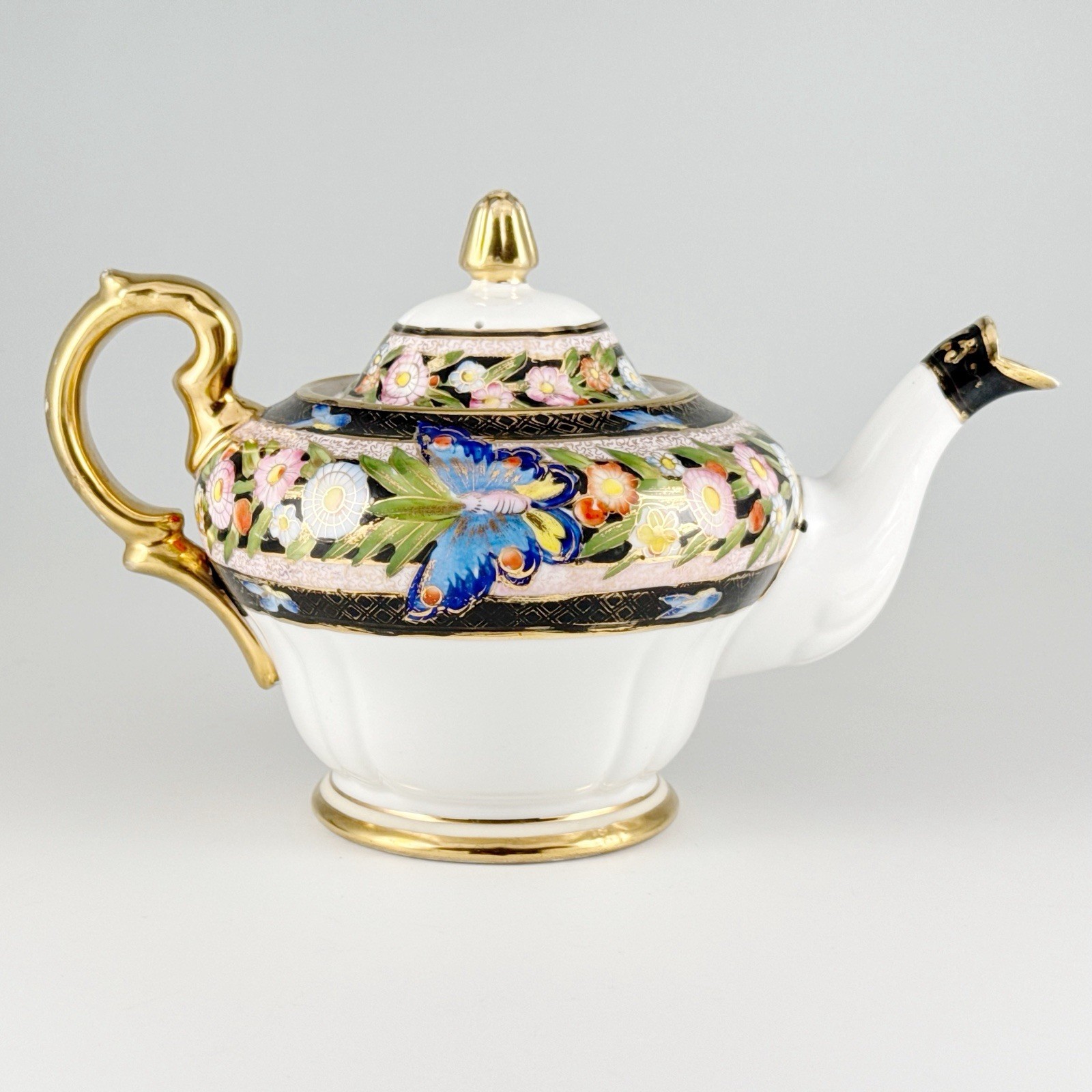 Atq Nippon Morimura Porcelain Teapot, Hand Painted Art Nouveau Flowers Butterfly