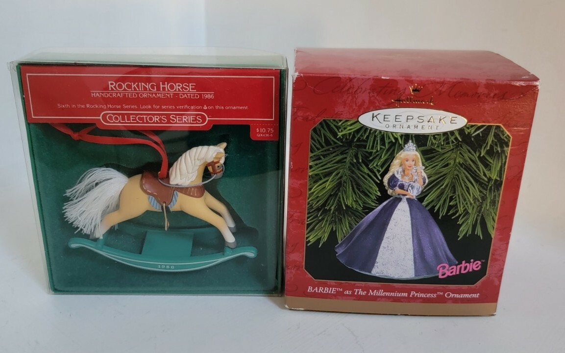 Lot of 2  vtg Hallmark Ornaments - Barbie Millennium princess and Rocking Horse
