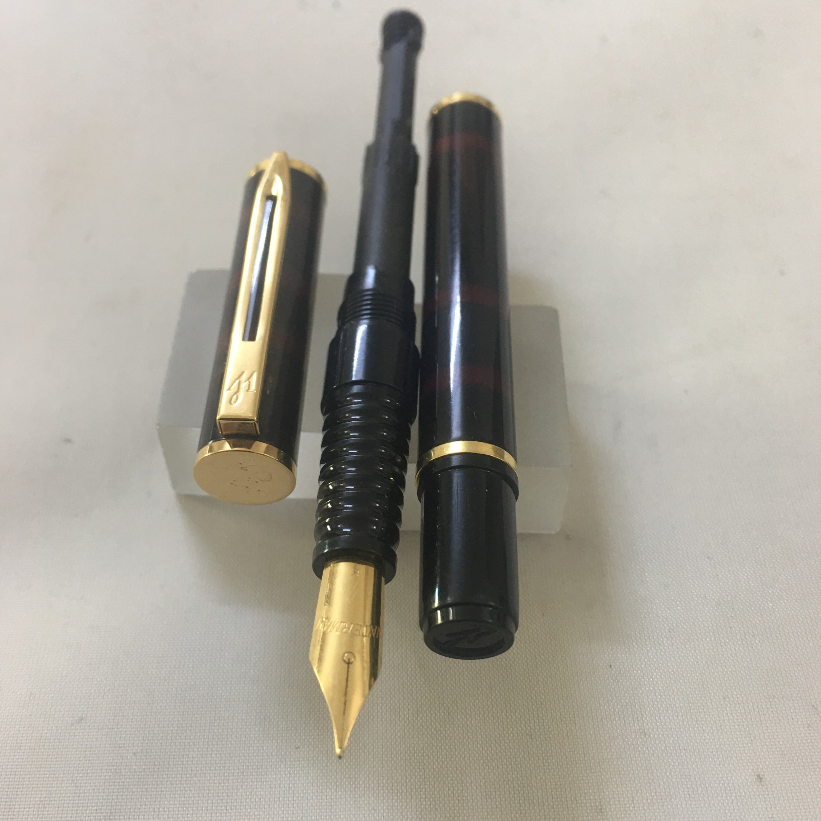 NiceWaterman Red Marble Black gold trim FP gold plated Fine+converter NEW France