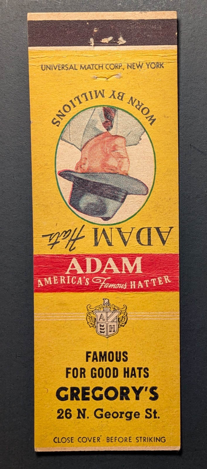 Vintage Adam Hats Gregory Matchbook Cover