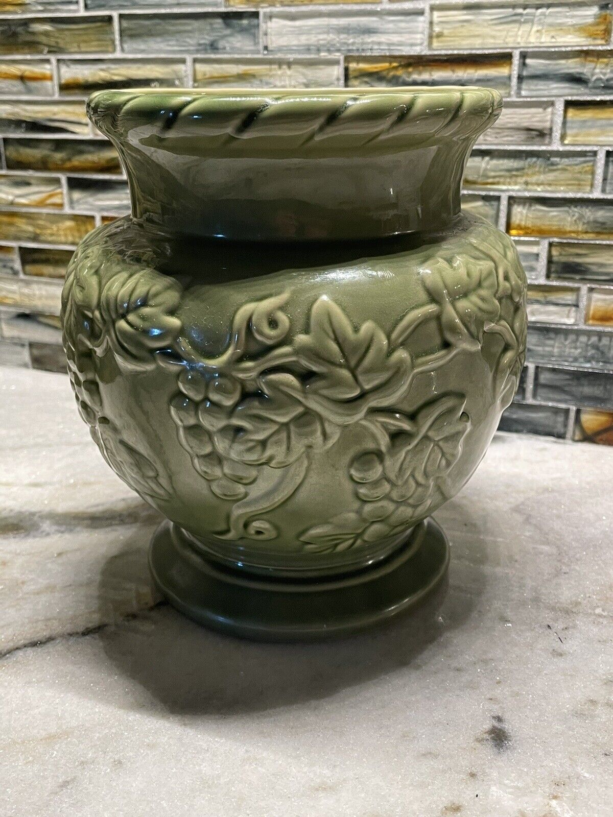 Vintage Hosley Pottery Potteries Vase 1930's Glazed Green Grape Vine Leaf