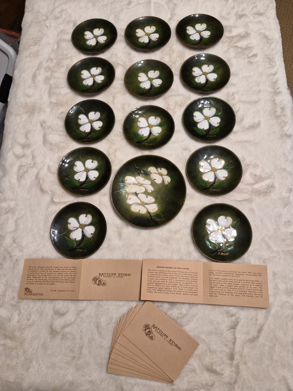 Vtg M Ratcliff Copper Enamel Dogwood Flower Plate Complete Set 14pc Mid Century