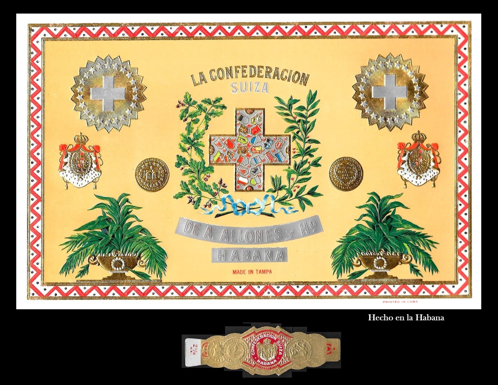 1910s. Vintage Cigar Label & Cigar Band; La Confederacion Suiza. Tampa-Havana