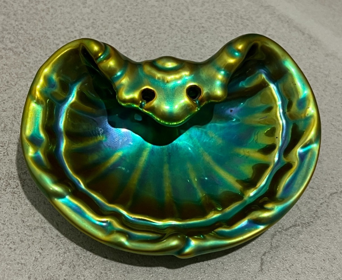 Vintage Zsolnay Pecs Iridescent Green Eosin Glazed Ceramic Shell Trinket Dish