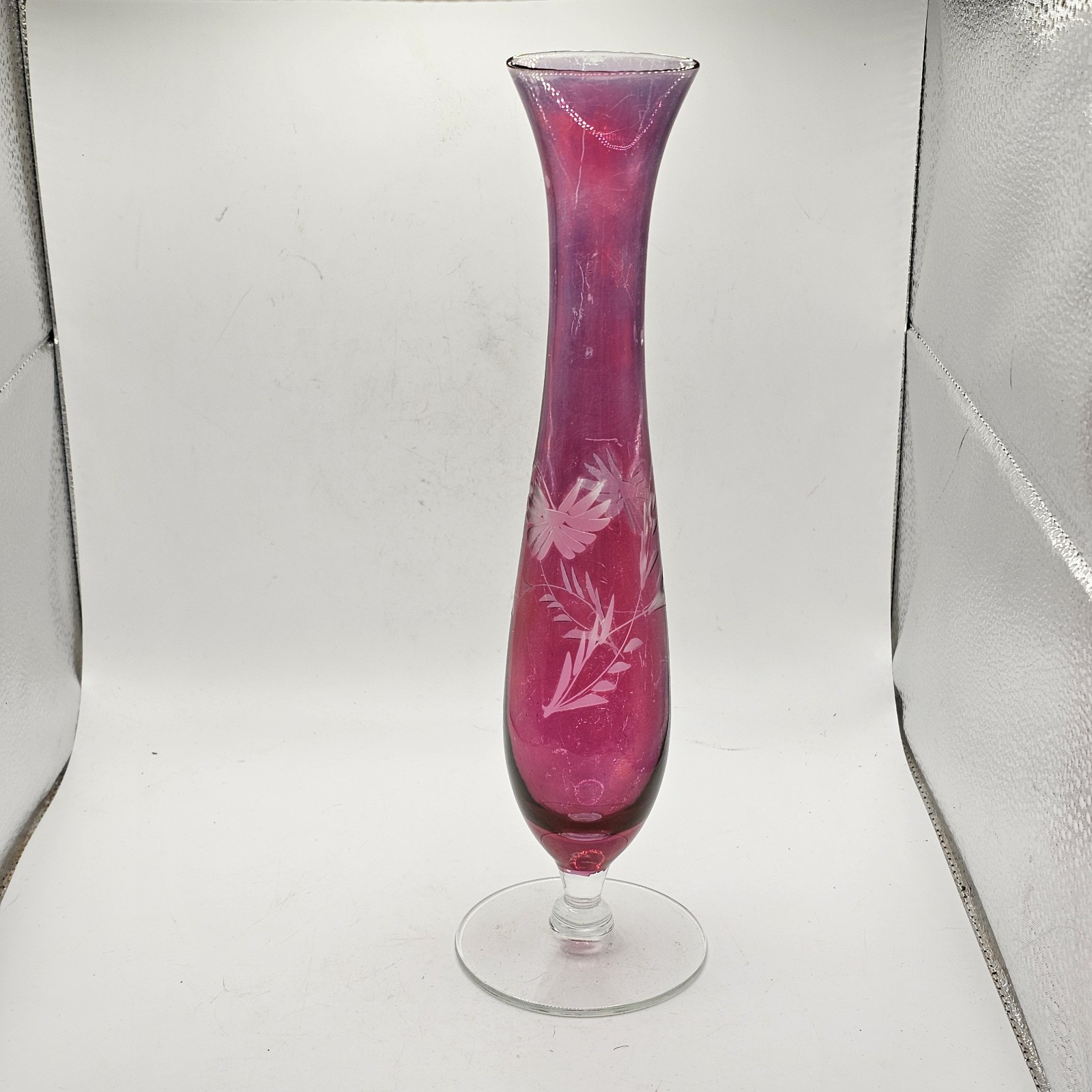 Cranberry Etched Vase Glass Vintage 10\