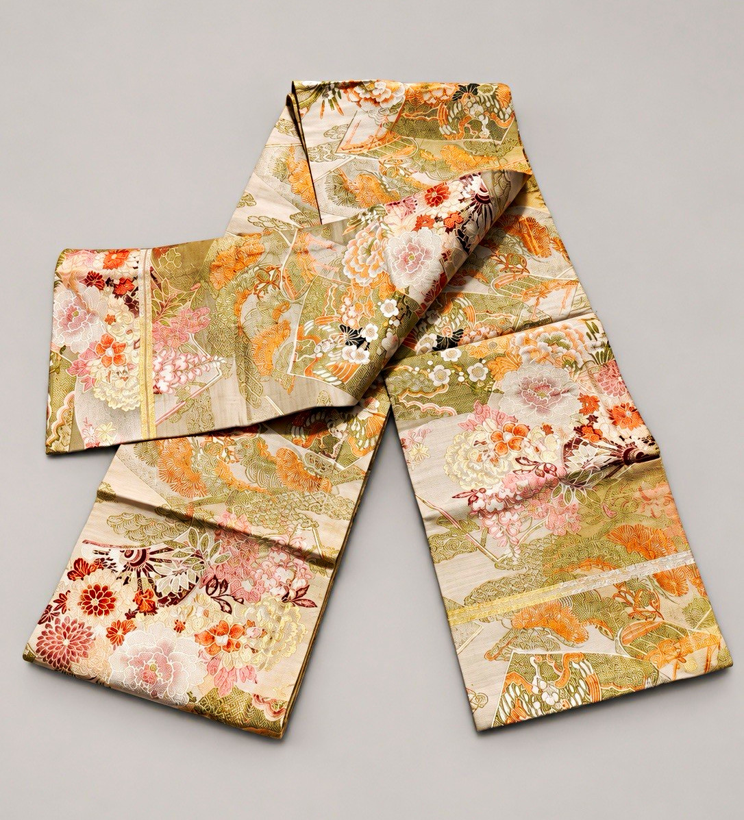 Vintage Japanese Maru Obi Brocade Birds Floral Pine Gold Ivory Kimono Sash