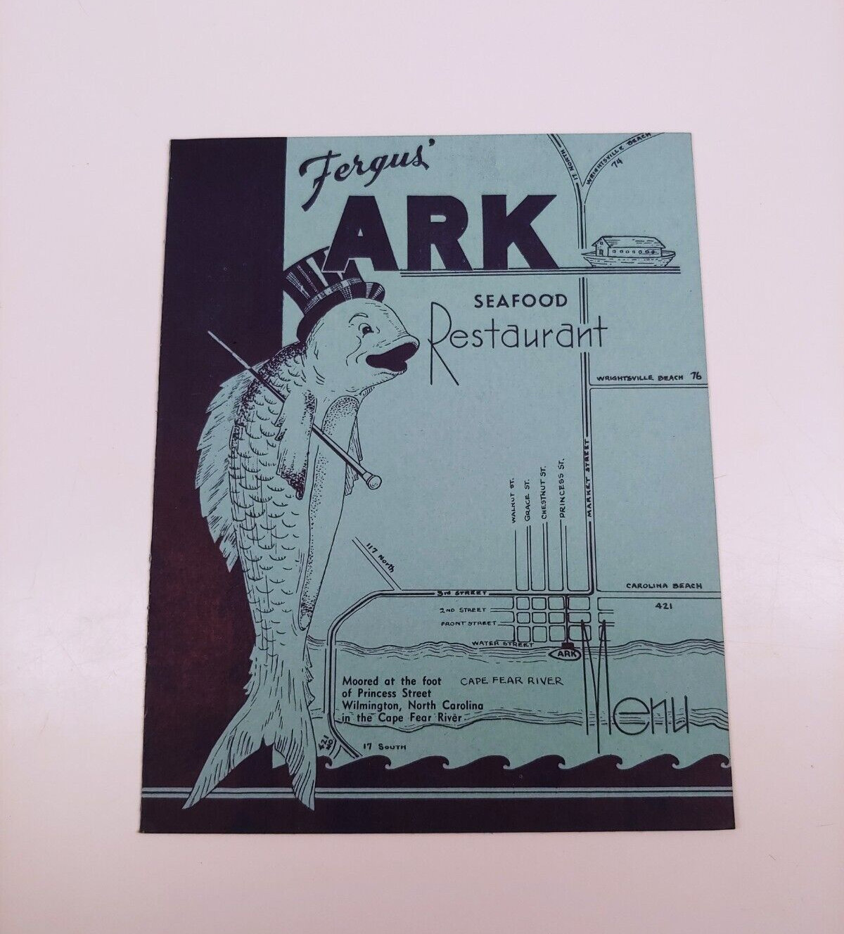 Vintage 1950s Fergus Ark Seafood Restaurant Menu Wilmington, NC - Floating SS 