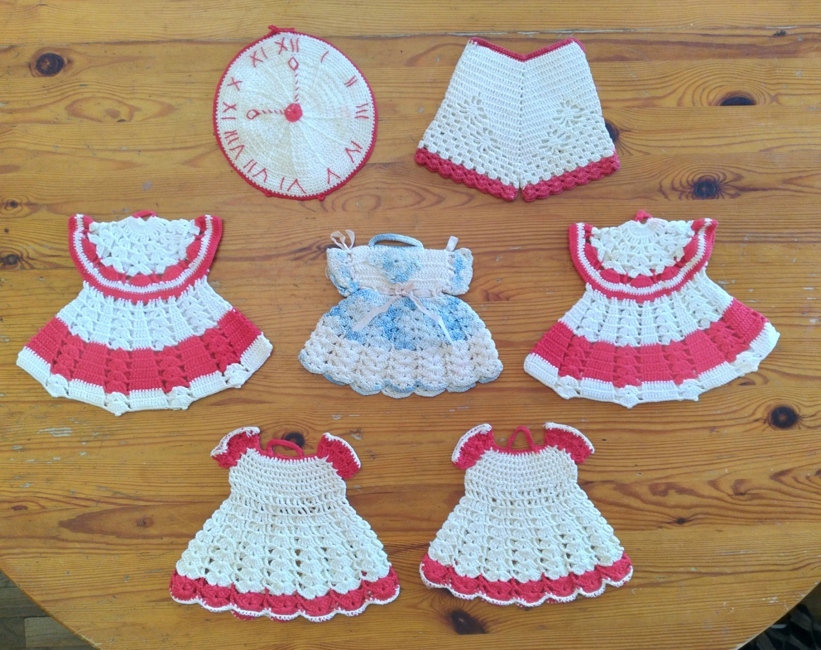 7 Vintage Crochet Doily Pot Holder Red Trim Clock Dress Panties Blue Cottagecore