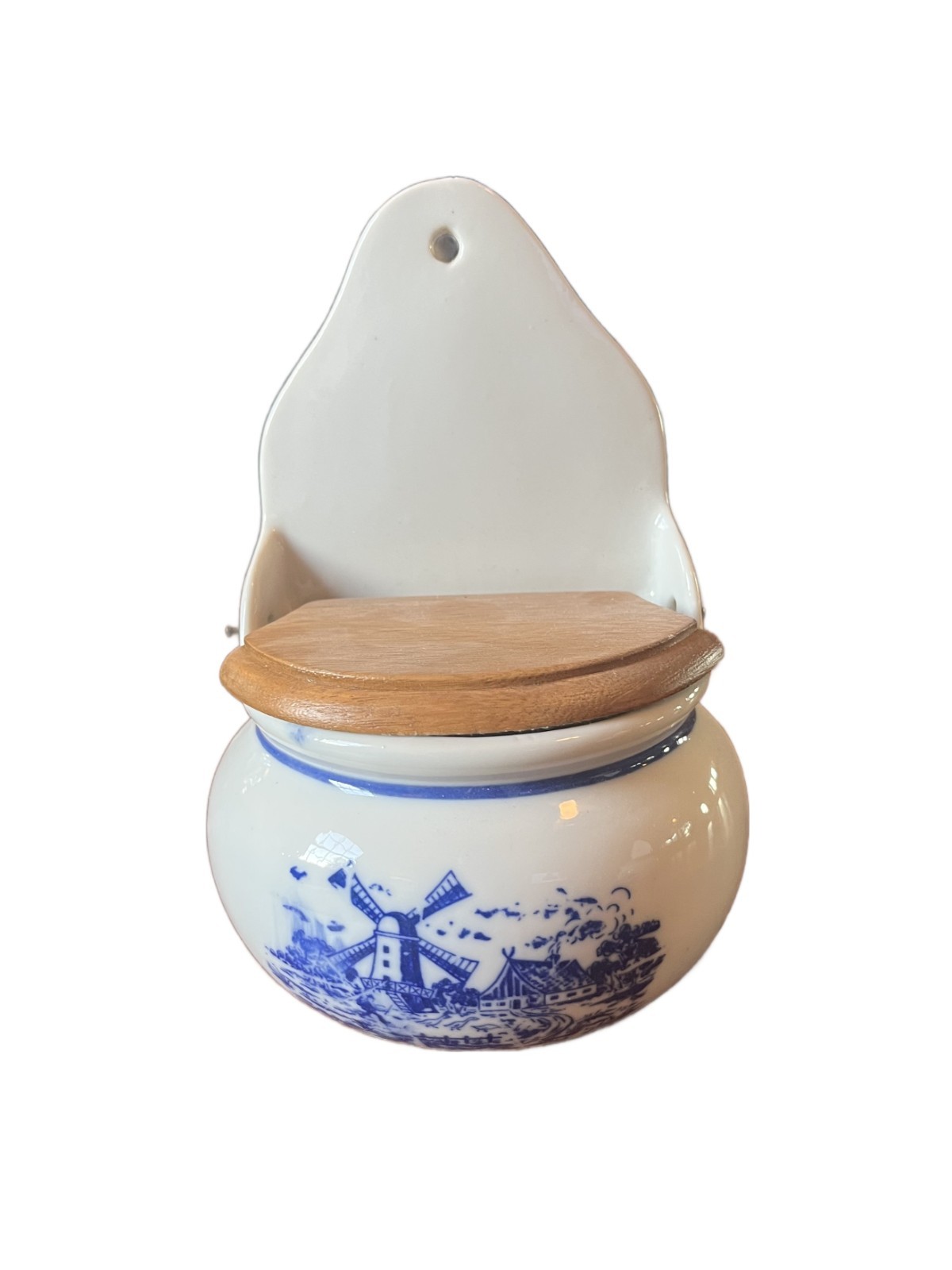 Vintage Delft Style Blue & White Ceramic Wall Mount Salt Box with Hinged Wooden Vintage Delft Style Blue & White Ceramic Wall Mount Salt Box with Hinged Wooden